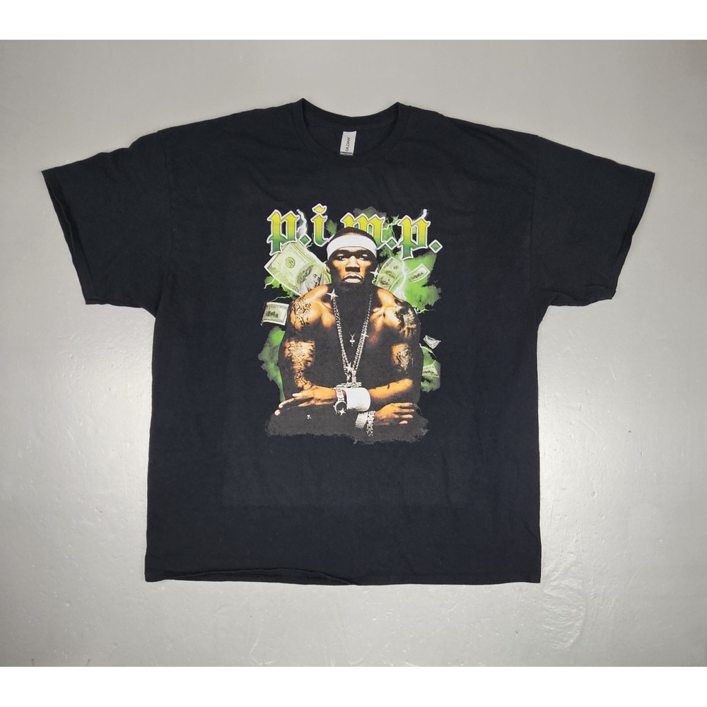 50 Cent T-Shirt‎ Mens 2XL Y2k Black PIMP Rap Band Tee Concert Hip-Hop
